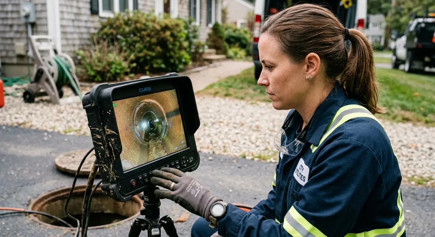 Technician reviewing sewer camera inspection footage in Natick