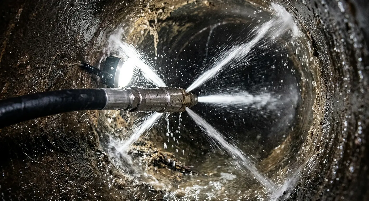 High-pressure hydro jetting nozzle cleaning sewer pipe for Trenchless Sewer Repair in Natick
