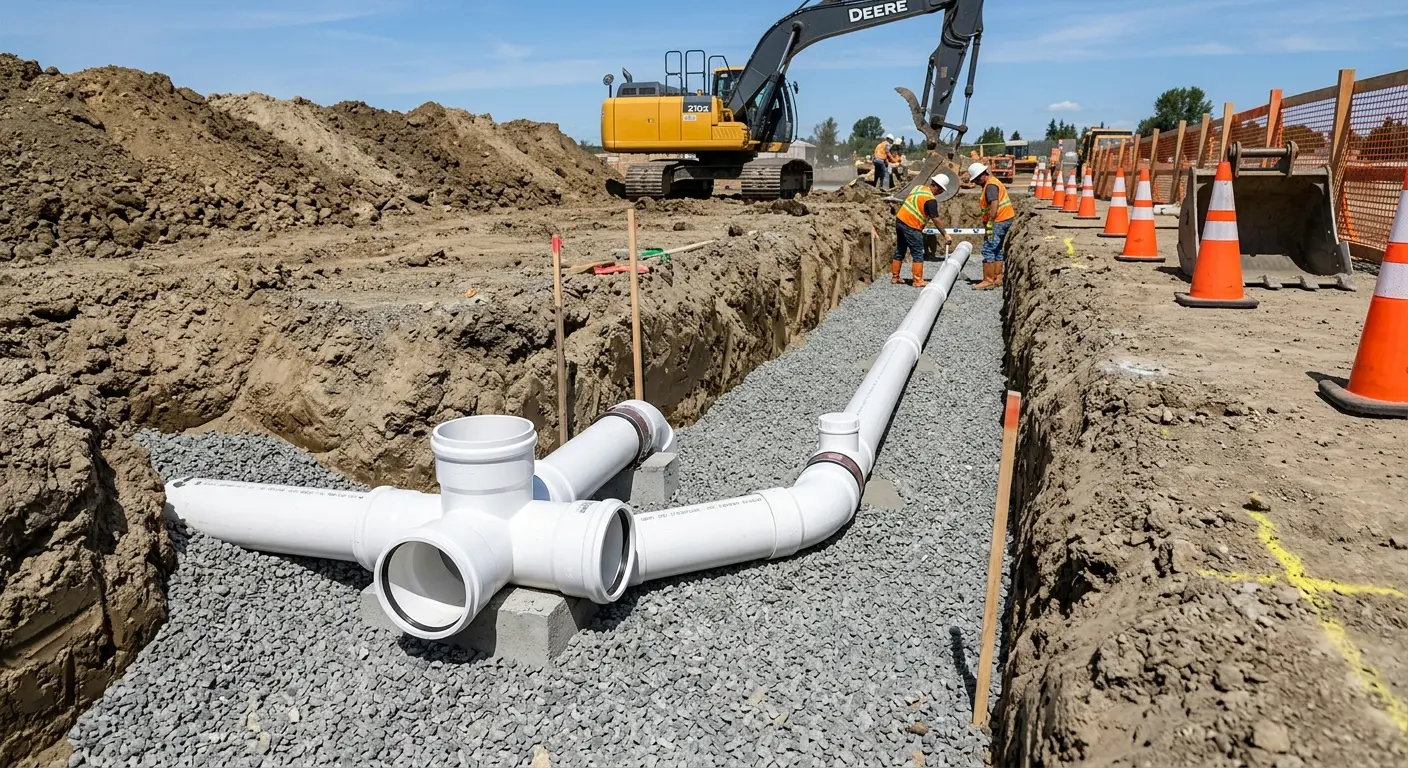 New PVC sewer pipe installation in open trench for Commercial Drain Cleaning in Natick