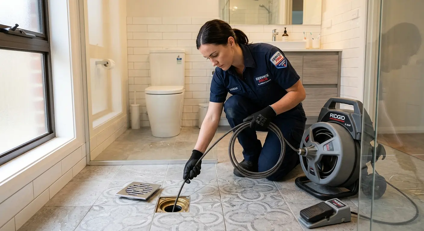 Technician clearing a bathroom floor drain for Clogged Drain Repair in Natick